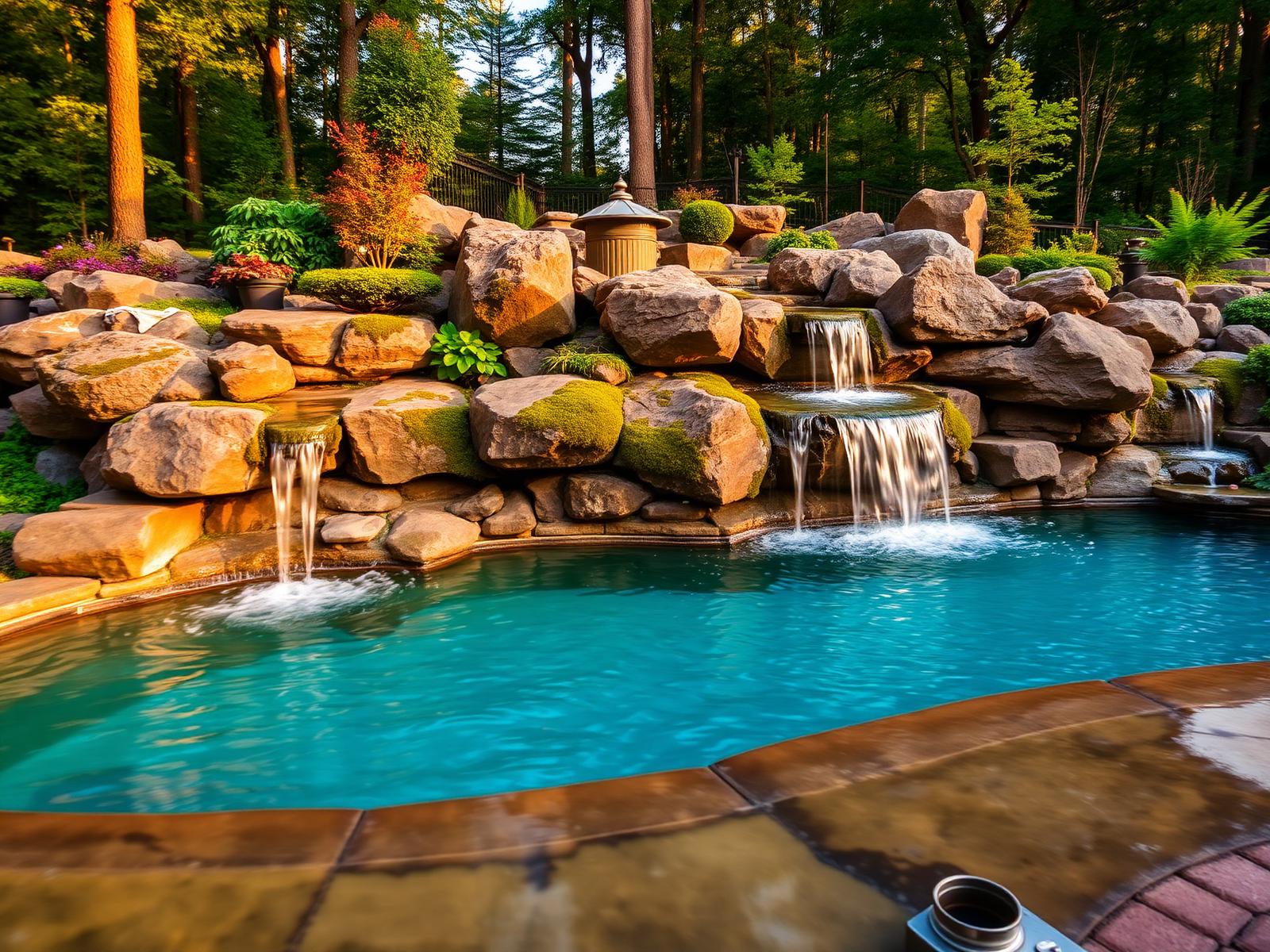 Custom natural rock pool with waterfall built in Central Ohio